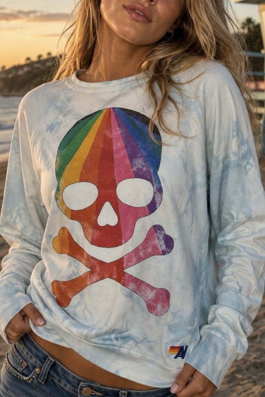Aviator Nation Rainbow Skull Tie Dye Sweatshirt XS Blue White Pullover Beach Y2K